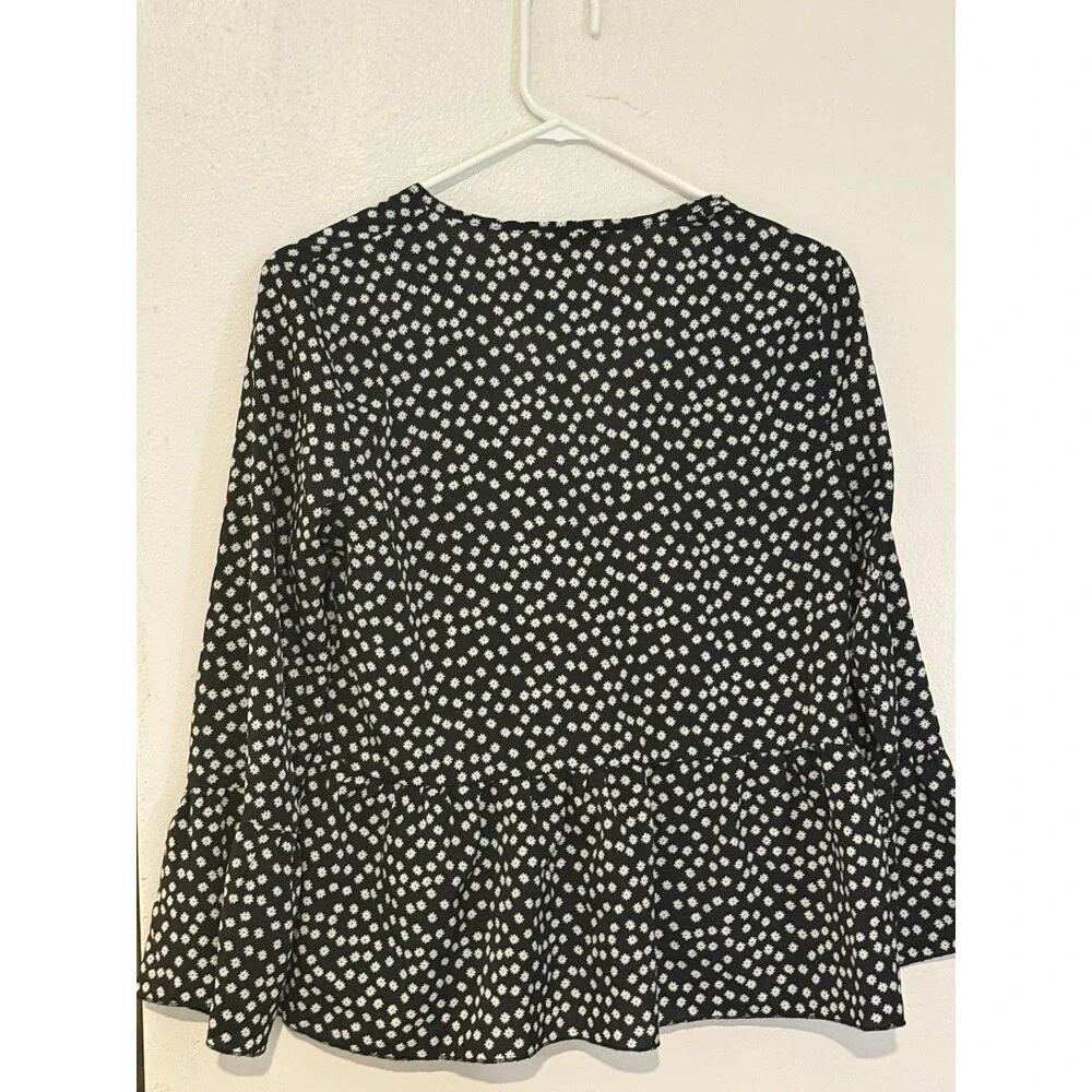 SHEIN Black White Daisy Floral Peplum Tie Front Blouse Long Sleeve Size M